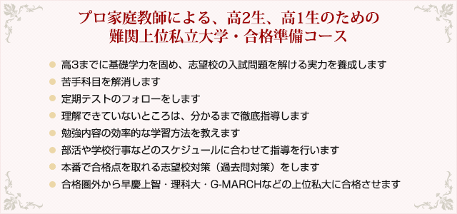 プロ家庭教師による、高1生のための難関上位私立大学・合格準備コース