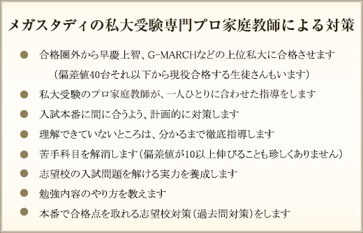 メガスタディの私大受験専門プロ家庭教師による対策