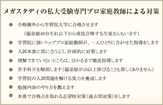 メガスタディの私大受験専門プロ家庭教師による対策