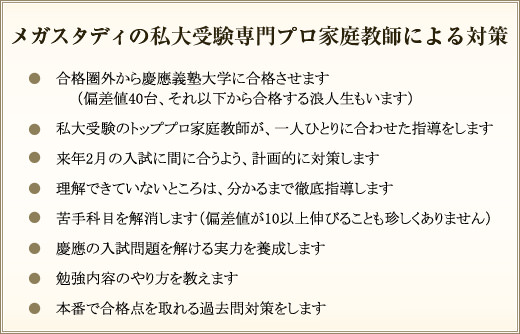 メガスタディの私大受験専門プロ家庭教師による対策