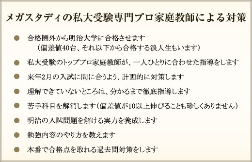 メガスタディの私大受験専門プロ家庭教師による対策